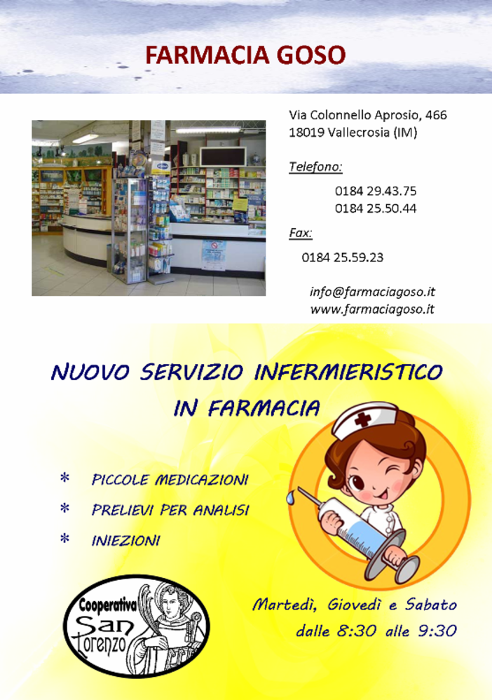 Vallecrosia: nuovo servizio di collaborazione tra la farmacia Goso e la cooperativa San Lorenzo