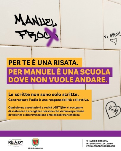 Sanremo aderisce alla campagna "Non sono solo scritte" per la Giornata Internazionale contro l’Omolesbobitransfobia