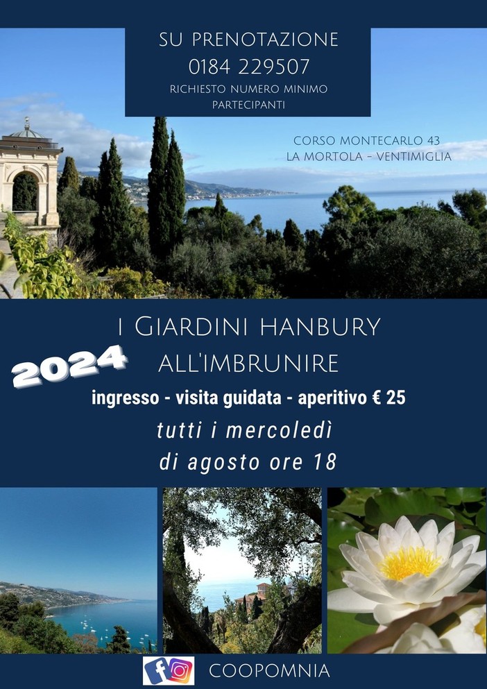 Ventimiglia, mercoledì ai Giardini Hanbury "Aperitivo all'imbrunire" Ventimiglia, mercoledì ai Giardini Hanbury "Aperitivo all'imbrunire"