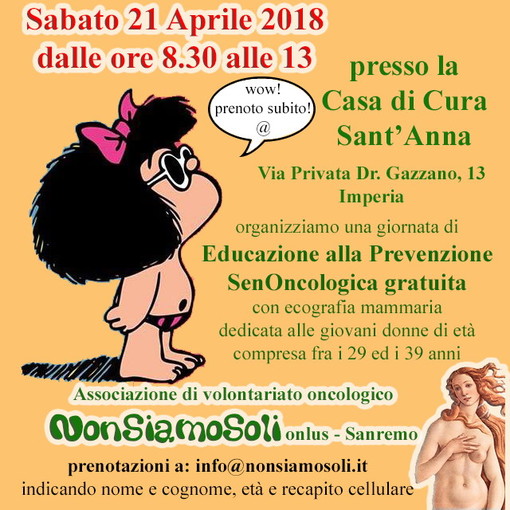Imperia: sabato prossimo alla casa di cura 'Sant'Anna' una giornata di 'Educazione alla Prevenzione Senoncologica'
