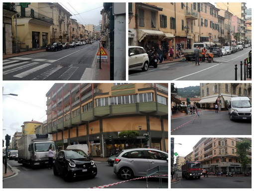 Ventimiglia: guasto ad una tubazione in via Cavour, strada chiusa e caos nel traffico (Foto)