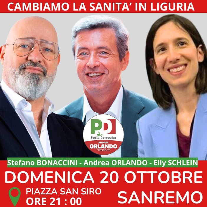 Sanremo: domani sera Bonaccini e Schlein in piazza San Siro a sostegno del candidato Andrea Orlando Sanremo: domani sera Bonaccini e Schlein in piazza San Siro a sostegno del candidato Andrea Orlando