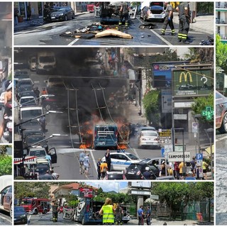Camporosso: incendio sull'Aurelia, in fiamme un furgoncino spagnolo e due auto, traffico bloccato (Foto e Video)