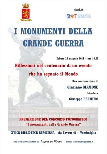 Ventimiglia: sabato 23 maggio alla Biblioteca Aprosiana la conferenza 'I monumenti della Grande Guerra' con Graziano Mamone Ventimiglia: sabato 23 maggio alla Biblioteca Aprosiana la conferenza 'I monumenti della Grande Guerra' con Graziano Mamone