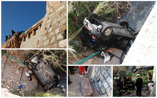 Sanremo: auto tamponata da una betoniera sfonda il muro e finisce nel sottostrada ai 'Tre Ponti'