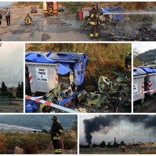 Riva Ligure: incendio vicino al depuratore di Arma, bruciati oltre 100 cassonetti della spazzatura, colonna di fumo altissima Riva Ligure: incendio vicino al depuratore di Arma, bruciati oltre 100 cassonetti della spazzatura, colonna di fumo altissima