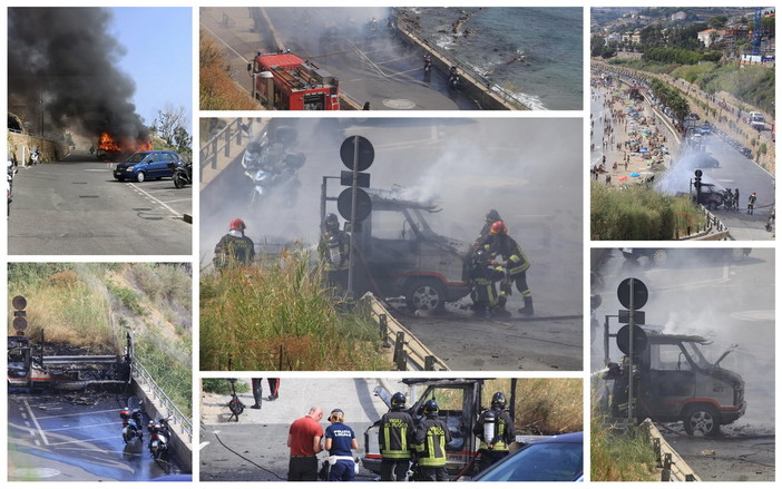 Sanremo: camper a fuoco sul lungomare dei 'Tre Ponti', intervento dei Vigili del Fuoco (Foto e Video)