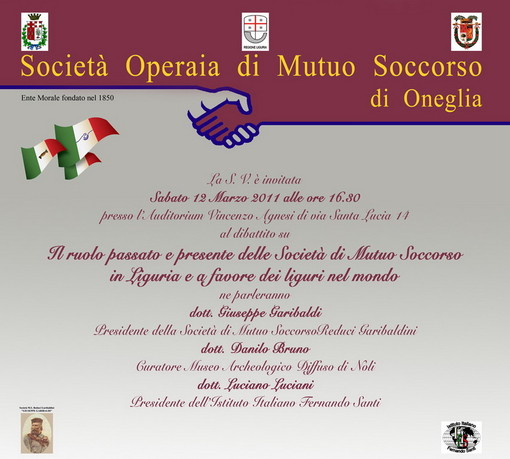 Imperia: sabato all'auditorium 'Agnesi' dibattito sulle Società di Mutuo Soccorso Imperia: sabato all'auditorium 'Agnesi' dibattito sulle Società di Mutuo Soccorso