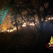 Incendio nei boschi di Verezzo, fiamme in zona impervia (foto)