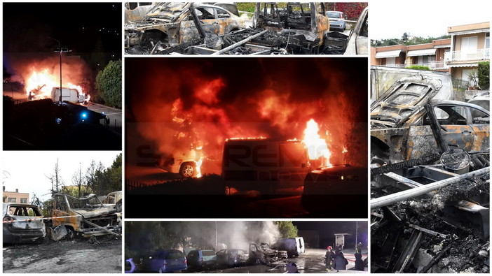 Ospedaletti: incendio in un parcheggio condominiale di strada Vallegrande, distrutte tre auto, un camper e un furgone (Foto e Video)
