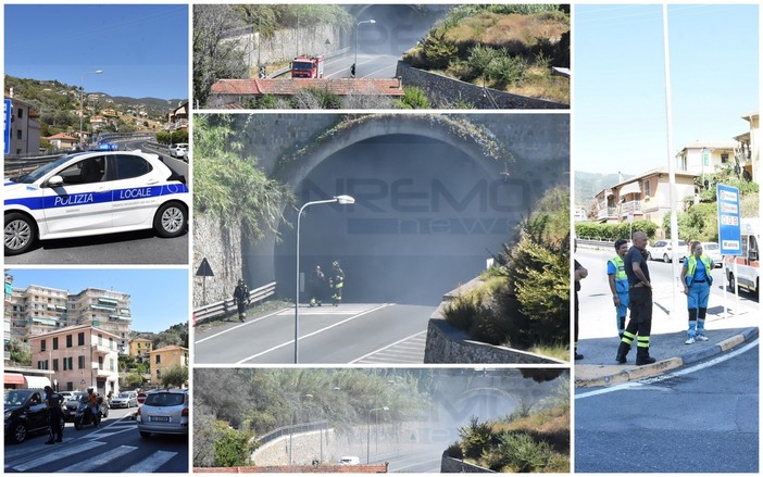 Sanremo: corto circuito a una lampada in galleria sull'Aurelia Bis, fumo e strada chiusa per le verifiche (Foto)