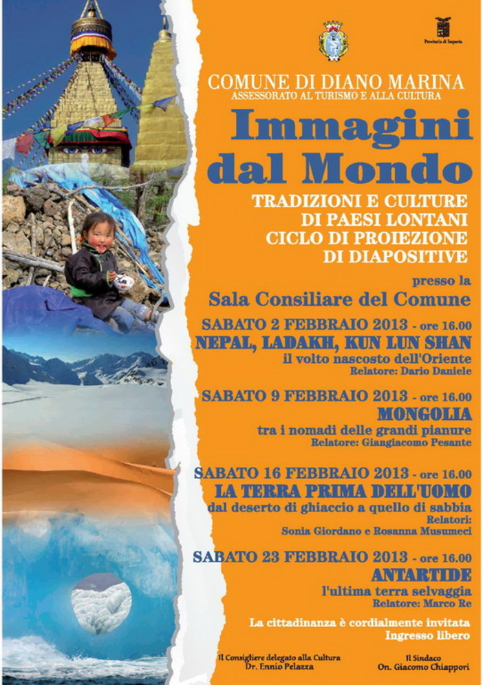 Torna anche quest'anno l'appuntamento con la rassegna che da un decennio ci accompagna in viaggi virtuali: 'Immagini dal mondo' a Diano Marina Torna anche quest'anno l'appuntamento con la rassegna che da un decennio ci accompagna in viaggi virtuali: 'Immagini dal mondo' a Diano Marina