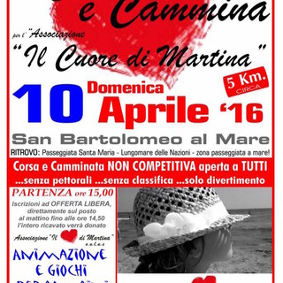 San Bartolomeo al Mare: domenica prossima la corsa/camminata competitiva a favore della Onlus 'Il Cuore di Martina'