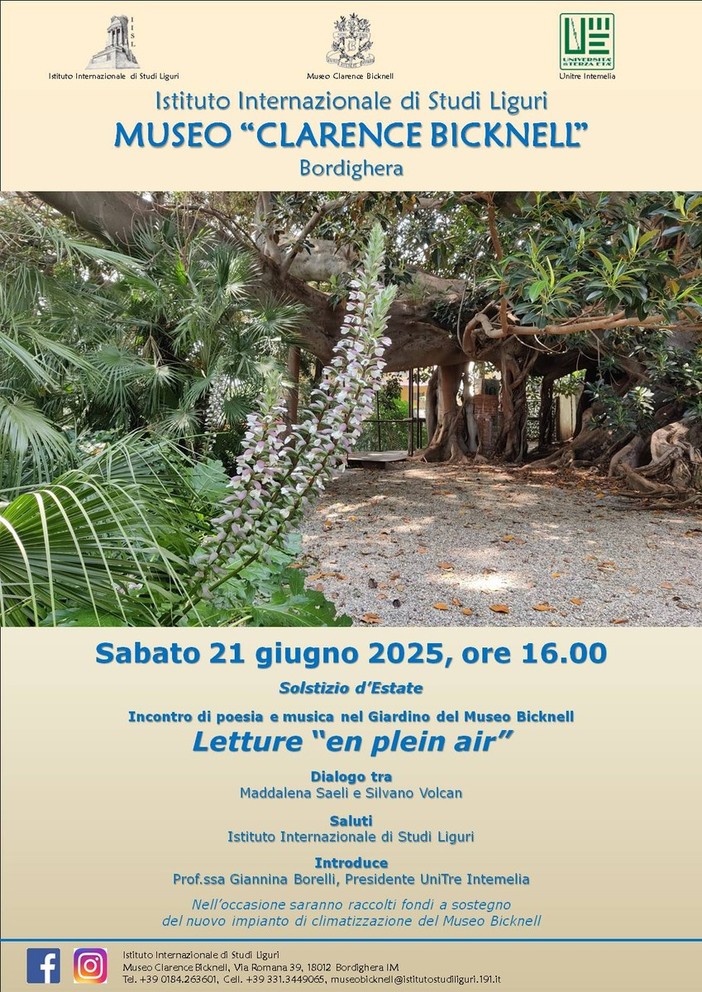 Poesia e musica per salutare l’estate al Museo Bicknell di Bordighera Poesia e musica per salutare l’estate al Museo Bicknell di Bordighera
