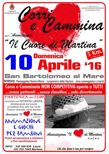San Bartolomeo al Mare: domenica prossima la corsa/camminata competitiva a favore della Onlus 'Il Cuore di Martina' San Bartolomeo al Mare: domenica prossima la corsa/camminata competitiva a favore della Onlus 'Il Cuore di Martina'