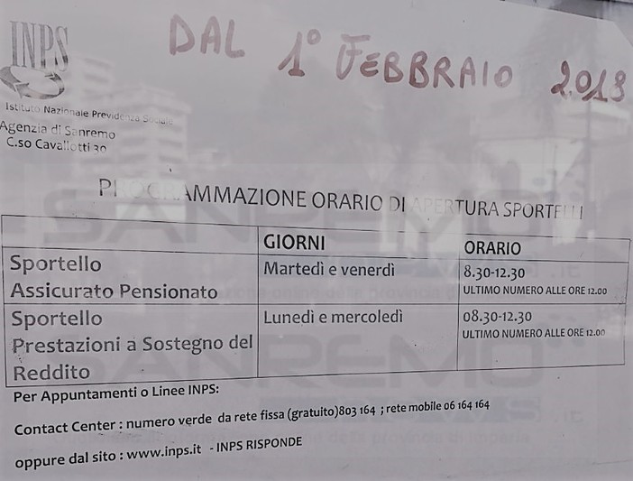 Inps Sanremo: brutte notizie per pensionati e disoccupati, ridotti i giorni e gli orari di apertura degli sportelli Inps Sanremo: brutte notizie per pensionati e disoccupati, ridotti i giorni e gli orari di apertura degli sportelli