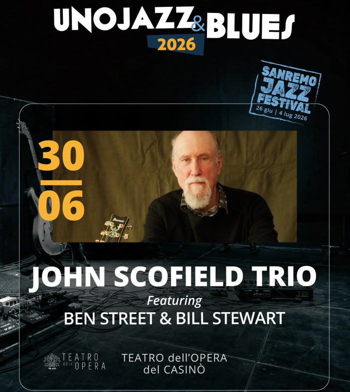 Sanremo, il mito del jazz John Scofield al Teatro del Casinò: una serata-evento con Ben Street e Bill Stewart