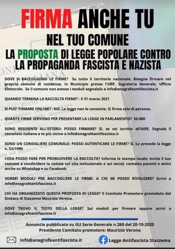 Ospedaletti: è possibile firmare anche in Comune per la proposta di Legge contro la propaganda fascista Ospedaletti: è possibile firmare anche in Comune per la proposta di Legge contro la propaganda fascista