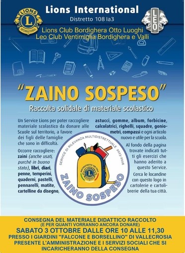 “Zaino Sospeso”: Lions e Leo insieme a Vallecrosia per sostenere le famiglie in difficoltà “Zaino Sospeso”: Lions e Leo insieme a Vallecrosia per sostenere le famiglie in difficoltà