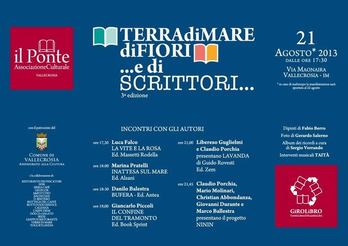 Vallecrosia: mercoledì prossimo, la 3a edizione di 'Terra di mare, di fiori... e di scrittori...'