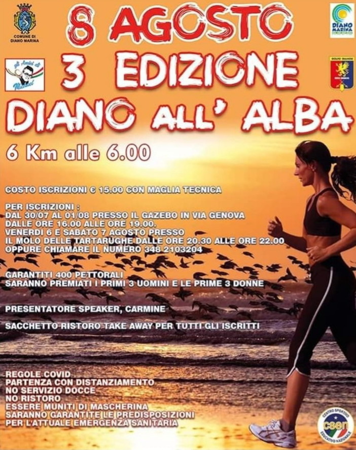 Diano Marina: tutto pronto per ‘6 alle 6 – Diano all’alba’, gara per tutti di domenica mattina Diano Marina: tutto pronto per ‘6 alle 6 – Diano all’alba’, gara per tutti di domenica mattina