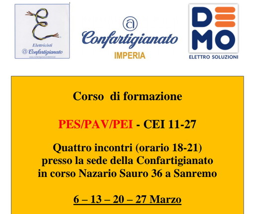 Confartigianato: ultimi posti per il corso Pes-Pav-Pei sulla sicurezza elettrica che inizierà il 6 marzo Confartigianato: ultimi posti per il corso Pes-Pav-Pei sulla sicurezza elettrica che inizierà il 6 marzo