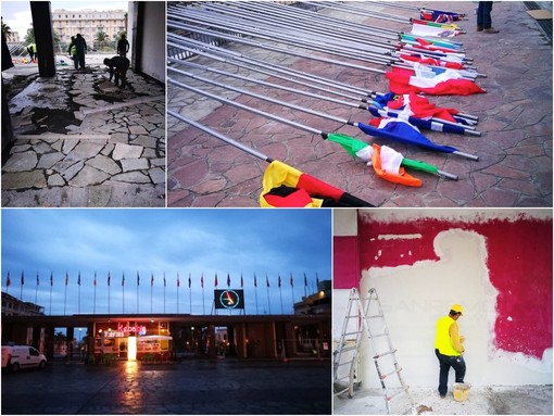 Sanremo: lavori di restyling sul solettone, sostituite anche le bandiere dei Paesi europei (Foto) Sanremo: lavori di restyling sul solettone, sostituite anche le bandiere dei Paesi europei (Foto)