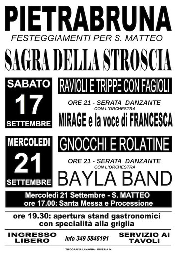 Pietrabruna: sabato 17 e mercoledì 21 settembre appuntamento con la Sagra della Stroscia
