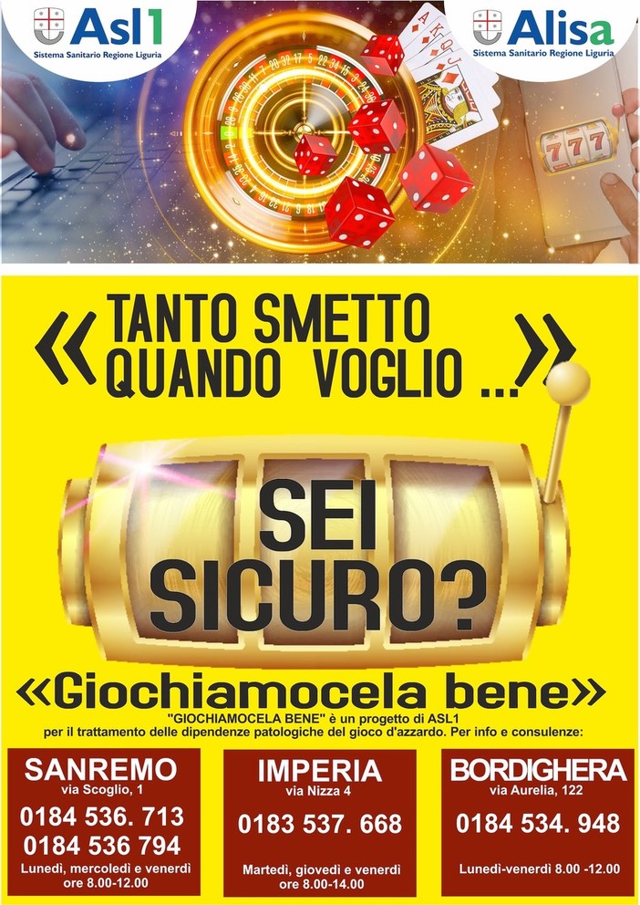 Il lockdown ha inciso sul Gioco d’Azzardo Patologico, in provincia di Imperia 2124 prestazioni Il lockdown ha inciso sul Gioco d’Azzardo Patologico, in provincia di Imperia 2124 prestazioni