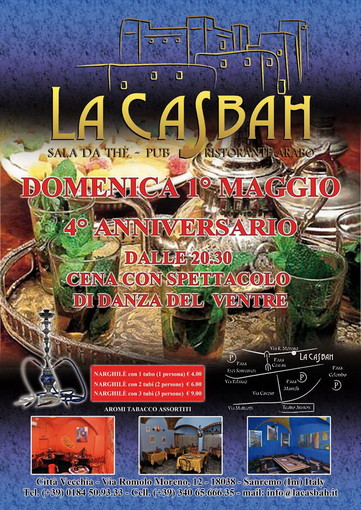 Sanremo: domenica 4° anniversario per la Casbah, organizzata cena con danza del ventre