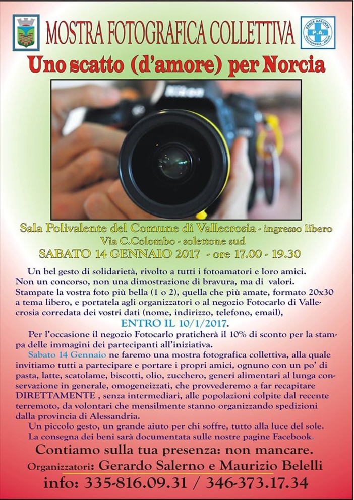 Vallecrosia: "Uno scatto d'amore per Norcia", il 14 gennaio l'esposizione fotografica a scopo benefico per i terremotati Vallecrosia: "Uno scatto d'amore per Norcia", il 14 gennaio l'esposizione fotografica a scopo benefico per i terremotati