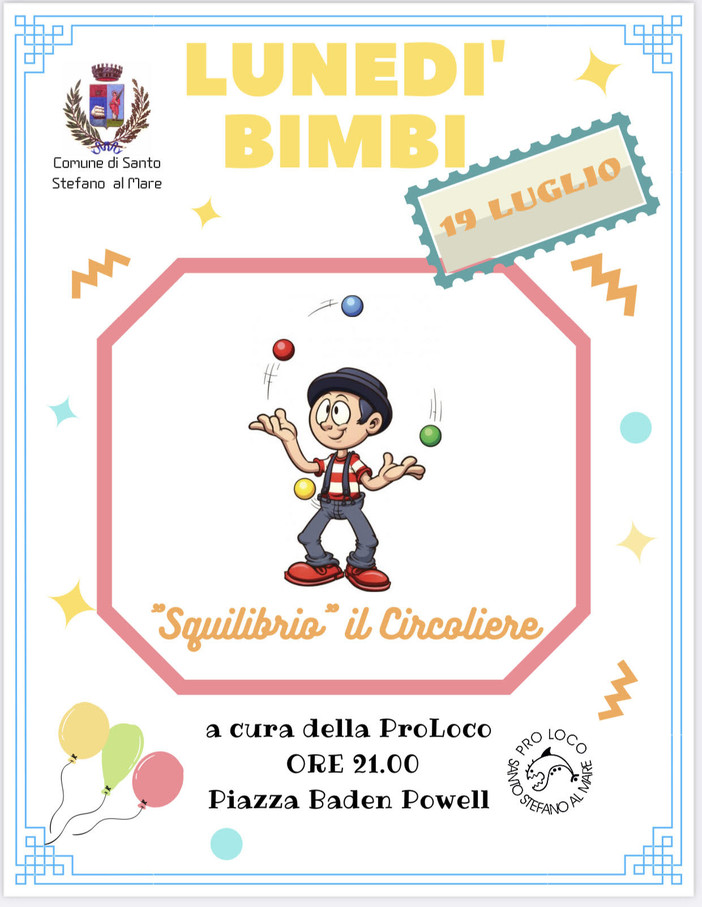 Santo Stefano al Mare: questa sera nuovo appuntamento con il 'Lunedì Bimbi' Santo Stefano al Mare: questa sera nuovo appuntamento con il 'Lunedì Bimbi'