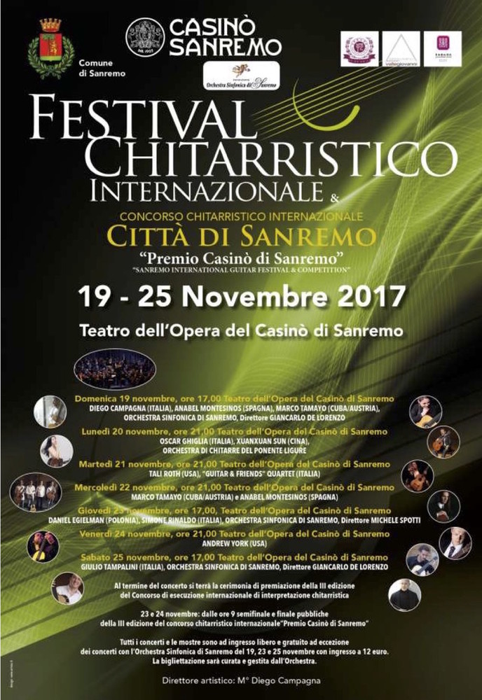 Sanremo: dal 19 al 25 novembre appuntamento al Casinò con la terza edizione del Festival chitarristico e concorso chitarristico internazionale “Città di Sanremo” Sanremo: dal 19 al 25 novembre appuntamento al Casinò con la terza edizione del Festival chitarristico e concorso chitarristico internazionale “Città di Sanremo”