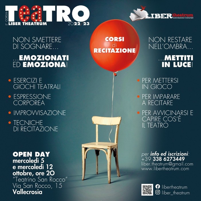 Vallecrosia: confermata per mercoledì la seconda serata di Open Day gratuita del corso di recitazione di Liber Theatrum Vallecrosia: confermata per mercoledì la seconda serata di Open Day gratuita del corso di recitazione di Liber Theatrum