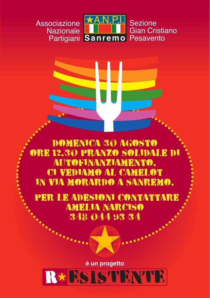 ANPI Sanremo, pranzo solidale il 30 agosto al ristorante Camelot per sostenere le future iniziative ANPI Sanremo, pranzo solidale il 30 agosto al ristorante Camelot per sostenere le future iniziative