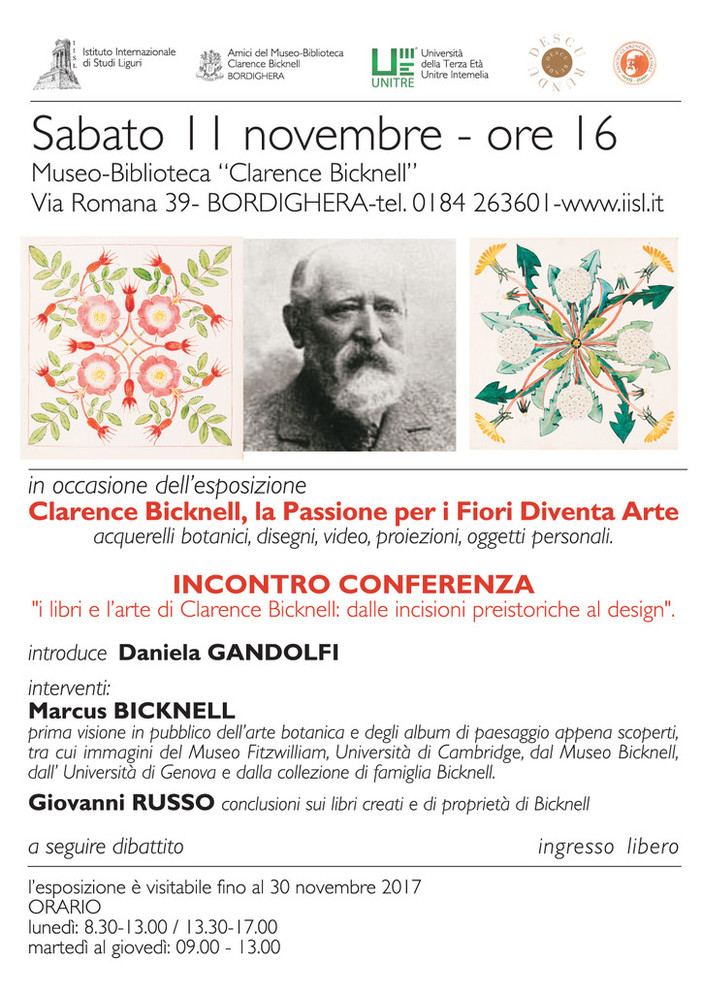 Bordighera: sabato pomeriggio al Museo “Clarence Bicknell” la conferenza “I libri e l’arte di Clarence Bicknell: dalle incisioni rupestri preistoriche al design” Bordighera: sabato pomeriggio al Museo “Clarence Bicknell” la conferenza “I libri e l’arte di Clarence Bicknell: dalle incisioni rupestri preistoriche al design”