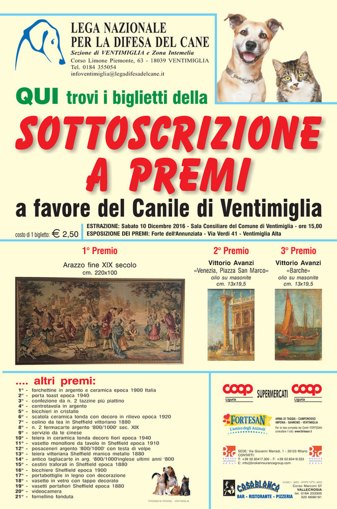 Ventimiglia: sabato l'estrazione dei numeri per la lotteria a favore degli ospiti del canile