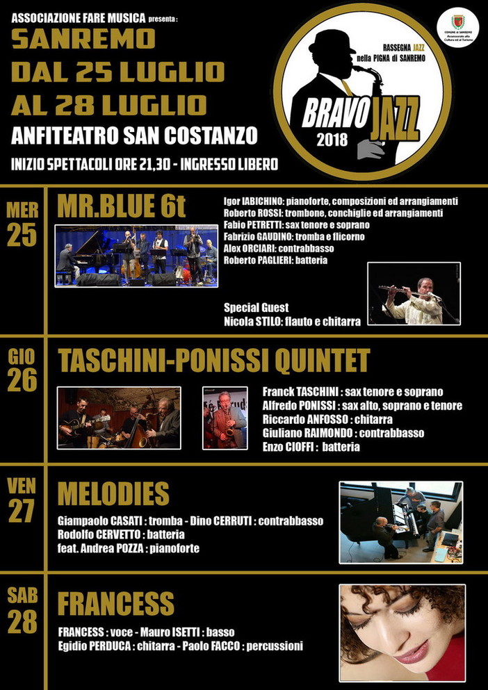 Sanremo: questa sera a Bravo Jazz 2018 ecco il Taschini Ponissi Quintet Sanremo: questa sera a Bravo Jazz 2018 ecco il Taschini Ponissi Quintet