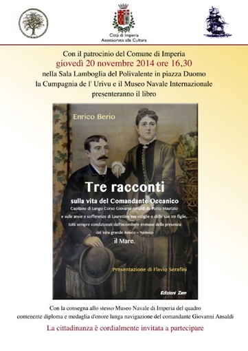 Imperia: il 20 novembre presentazione del libro 'Tre racconti' di Enrico Berio