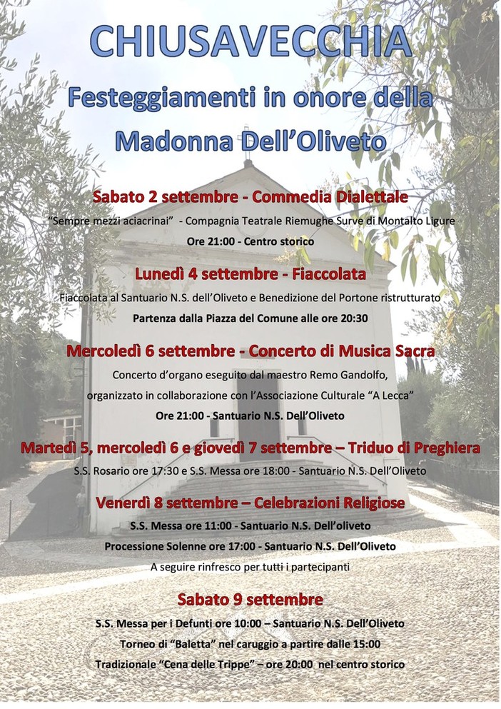 Chiusavecchia: al via sabato i festeggiamenti per la Madonna dell'Oliveto
