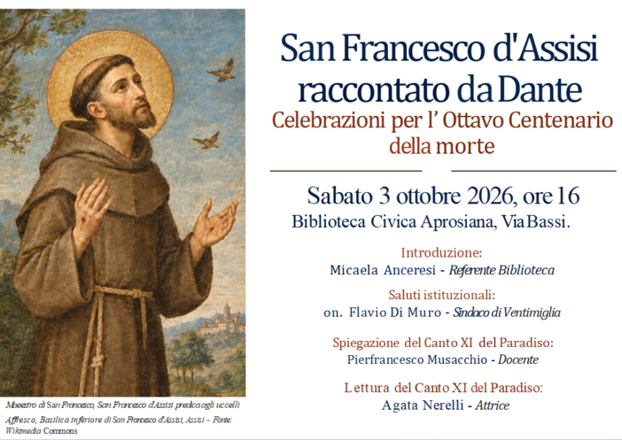 Ventimiglia, alla Biblioteca Aprosiana un incontro dedicato a San Francesco raccontato da Dante Ventimiglia, alla Biblioteca Aprosiana un incontro dedicato a San Francesco raccontato da Dante