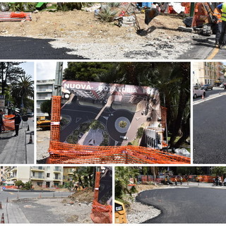 Sanremo: asfalto sull'ex distributore, domani in via sperimentale sarà attiva la nuova rotonda della Foce (Foto e Video)