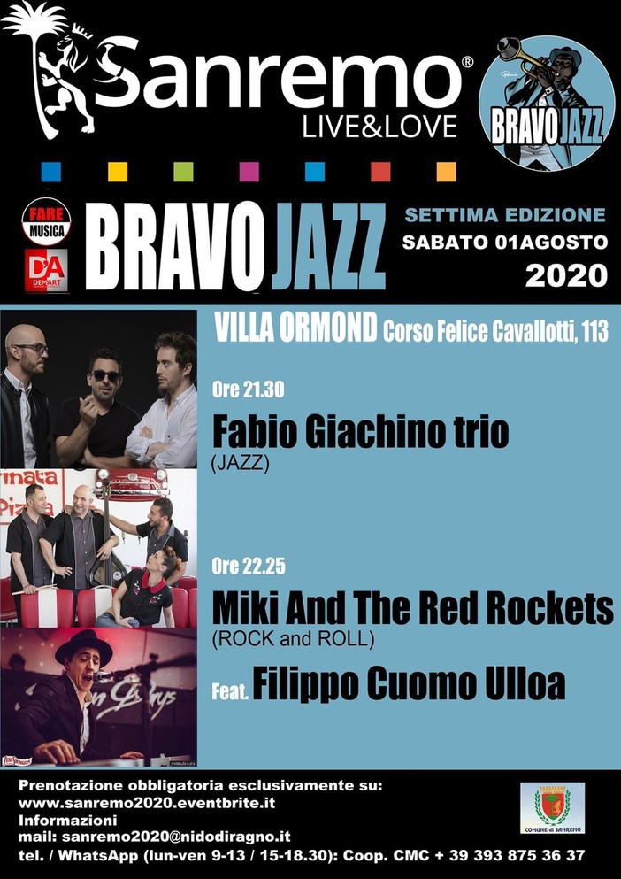 Comune, 'Fare musica' e 'Dem'art' presentano la 7ª edizione di Bravo Jazz: appuntamento sabato sera a villa Ormond Comune, 'Fare musica' e 'Dem'art' presentano la 7ª edizione di Bravo Jazz: appuntamento sabato sera a villa Ormond