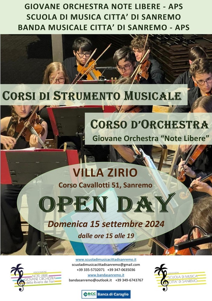 Sanremo: a Villa Zirio Open day delle associazioni Note Libere, Giovane Orchestra, scuola Città di Sanremo e Banda della città Sanremo: a Villa Zirio Open day delle associazioni Note Libere, Giovane Orchestra, scuola Città di Sanremo e Banda della città