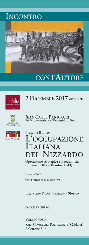 Vallecrosia: oggi pomeriggio la presentazione del libro “L'occupazione italiana del nizzardo” di Jean-Louis Panicacci