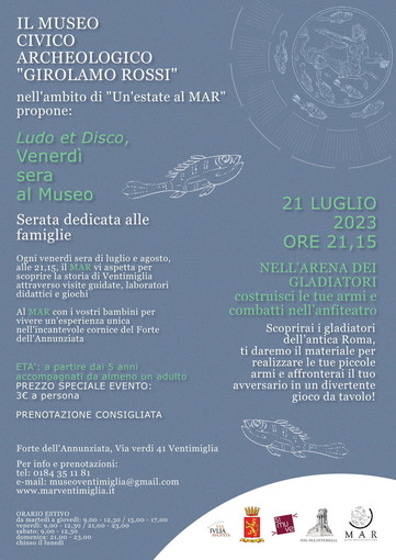 Doppio appuntamento al MAR di Ventimiglia con ‘Ludo et Disco, venerdì sera al Museo’ e ‘Il Museo al brillar di stelle’ Doppio appuntamento al MAR di Ventimiglia con ‘Ludo et Disco, venerdì sera al Museo’ e ‘Il Museo al brillar di stelle’