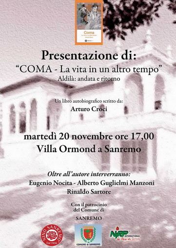 Sanremo: a Villa Ormond, presentazione libro ‘Coma – La vita in un altro tempo di Arturo Croci