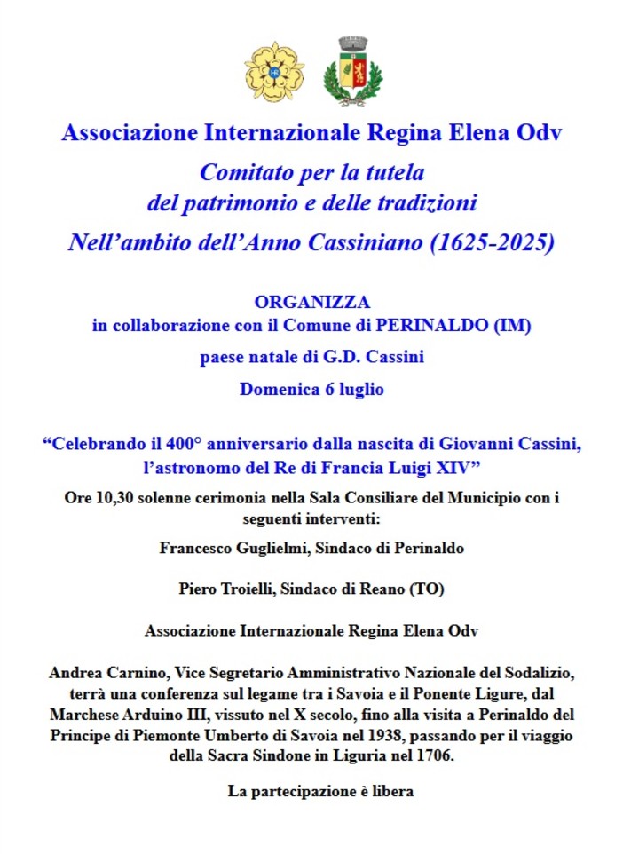 A Perinaldo la commemorazione di Giovanni Domenico Cassini e la conferenza sul legame tra i savoia e il ponente ligure
