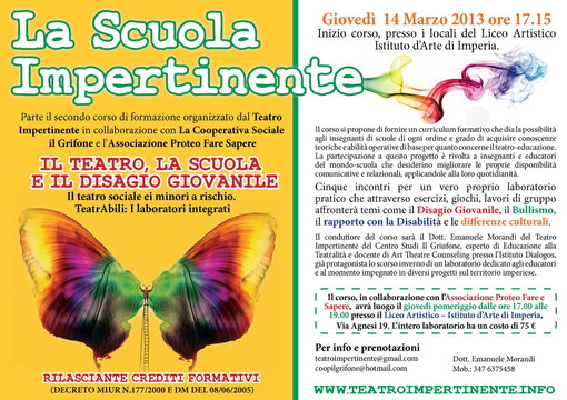 Il teatro sociale e i minori a rischio,Te atrAbili: via al 2°corso di Formazione per insegnanti di Teatro Impertinente Il teatro sociale e i minori a rischio,Te atrAbili: via al 2°corso di Formazione per insegnanti di Teatro Impertinente