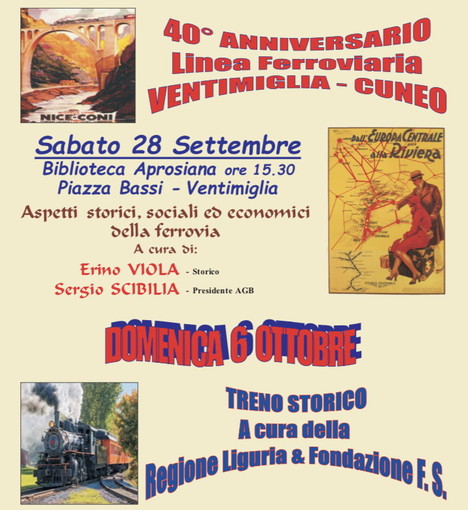 Ventimiglia: domani pomeriggio alla Biblioteca Aprosiana incontro sulla linea ferroviaria della Val Roya Ventimiglia: domani pomeriggio alla Biblioteca Aprosiana incontro sulla linea ferroviaria della Val Roya